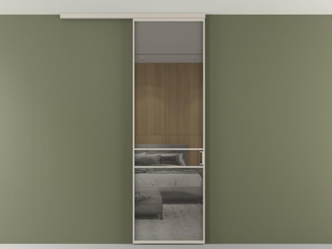 Перегородка Формато вдоль стены на потолок 1 створка АЛПР 040.02 Алюминий светло-бежевый Рефлективное серое стекло "Стопсол", калёное Цена 846440 AMD | Volhovec