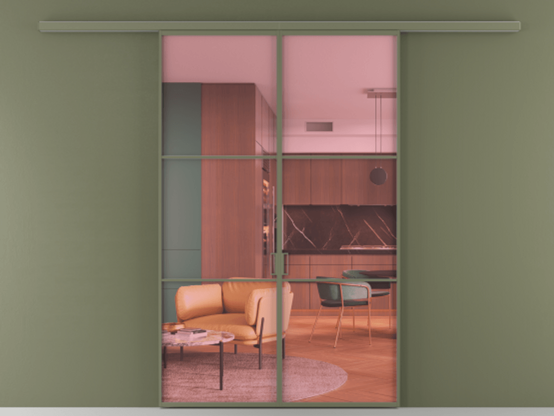 Перегородка Формато вдоль стены 2 створки АЛПР 040.03 Алюминий оливковый тёмный Прозрачное розовое стекло, триплекс Цена 1368800 AMD | Volhovec