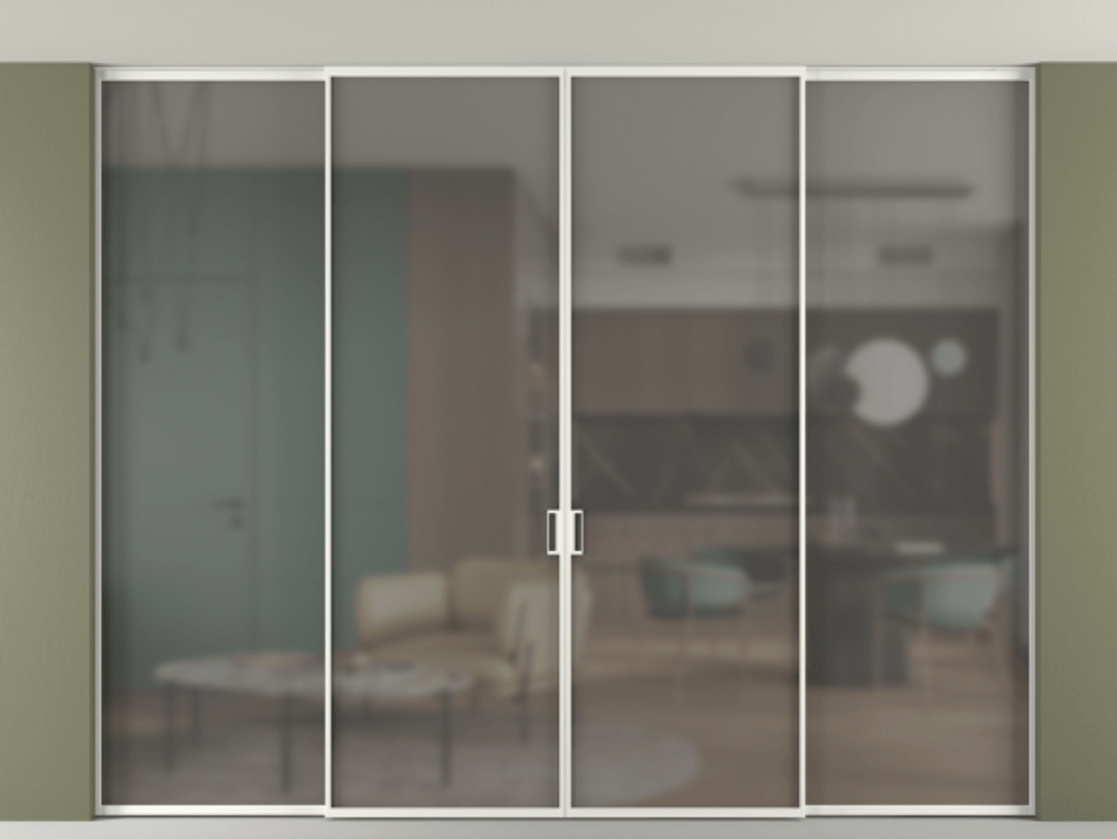 Перегородка Formato внутри проёма скрытое крепление в потолок 4 створки АЛПР 040.01 Алюминий светло-серый Сатинированное серое стекло, триплекс Цена 2850760 AMD | Volhovec