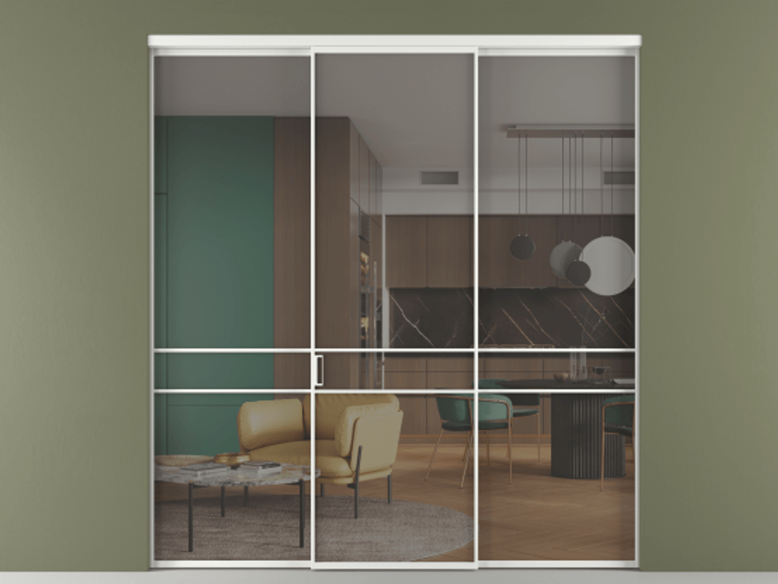 Перегородка Formato внутри проёма 3 створки АЛПР 040.02 Алюминий белоснежный Прозрачное серое стекло, триплекс Цена 1600180 AMD | Volhovec