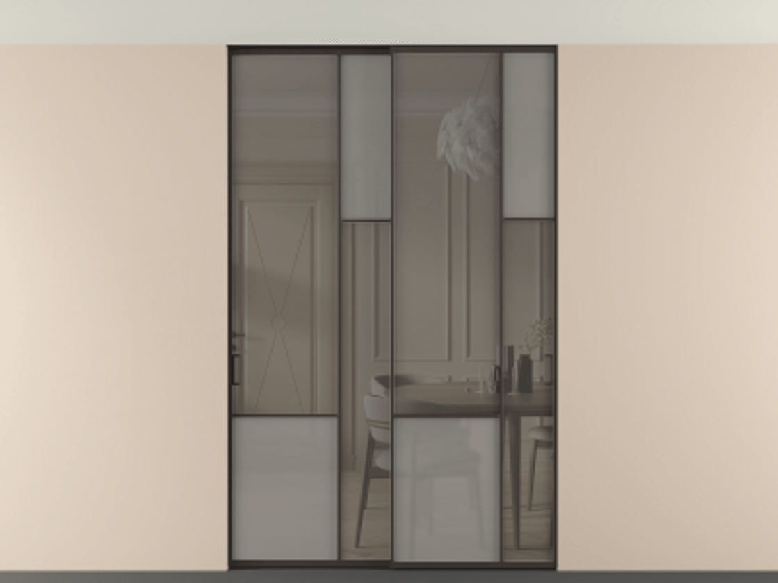 Перегородка Мозаик внутри проёма скрытое крепление в потолок 2 створки АЛПР 041.12 Алюминий антрацит Сатинированное серое стекло, триплекс, 6 мм + Прозрачное серое стекло, триплекс Цена 2188970 AMD | Volhovec