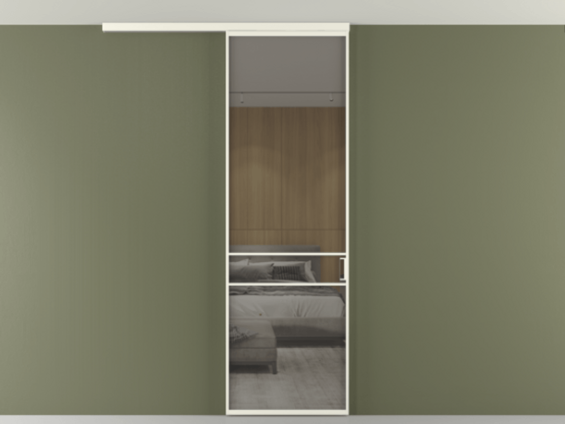 Перегородка Formato вдоль стены на потолок 1 створка АЛПР 040.02 Алюминий жемчужный Рефлективное серое стекло "Stopsol", калёное Цена 846440 AMD | Volhovec