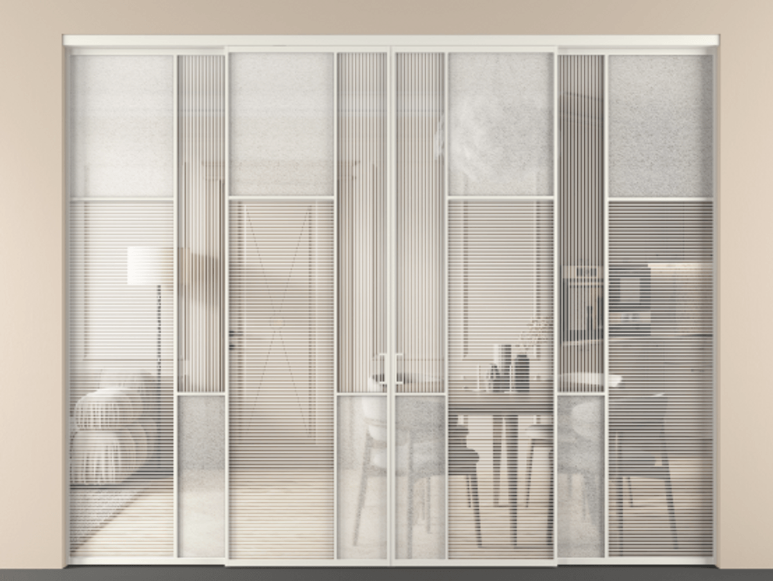 Перегородка Mosaic внутри проёма четырёхстворчатая АЛПР 041.11 Алюминий Белый Рифлёное стекло "Дюна", триплекс, 6 мм + Фактурное стекло "Лёд", триплекс, 6 мм Цена 448720 ₽ | Volhovec