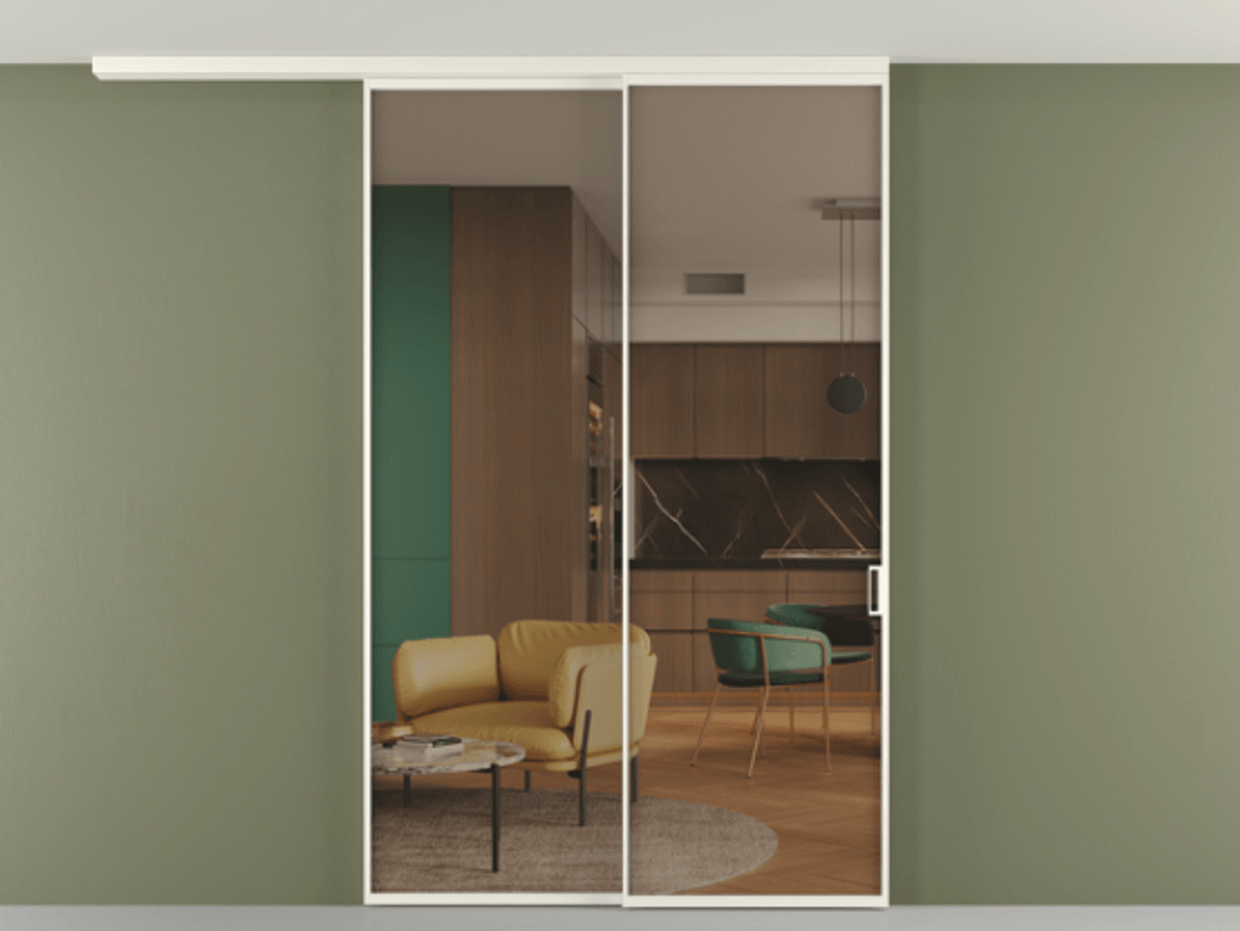 Перегородка Формато вдоль стены на потолок 2 створки с синхронным механизмом АЛПР 040.01 Алюминий пудровый белый Прозрачное бронзовое стекло, триплекс Цена 2017400 AMD | Volhovec