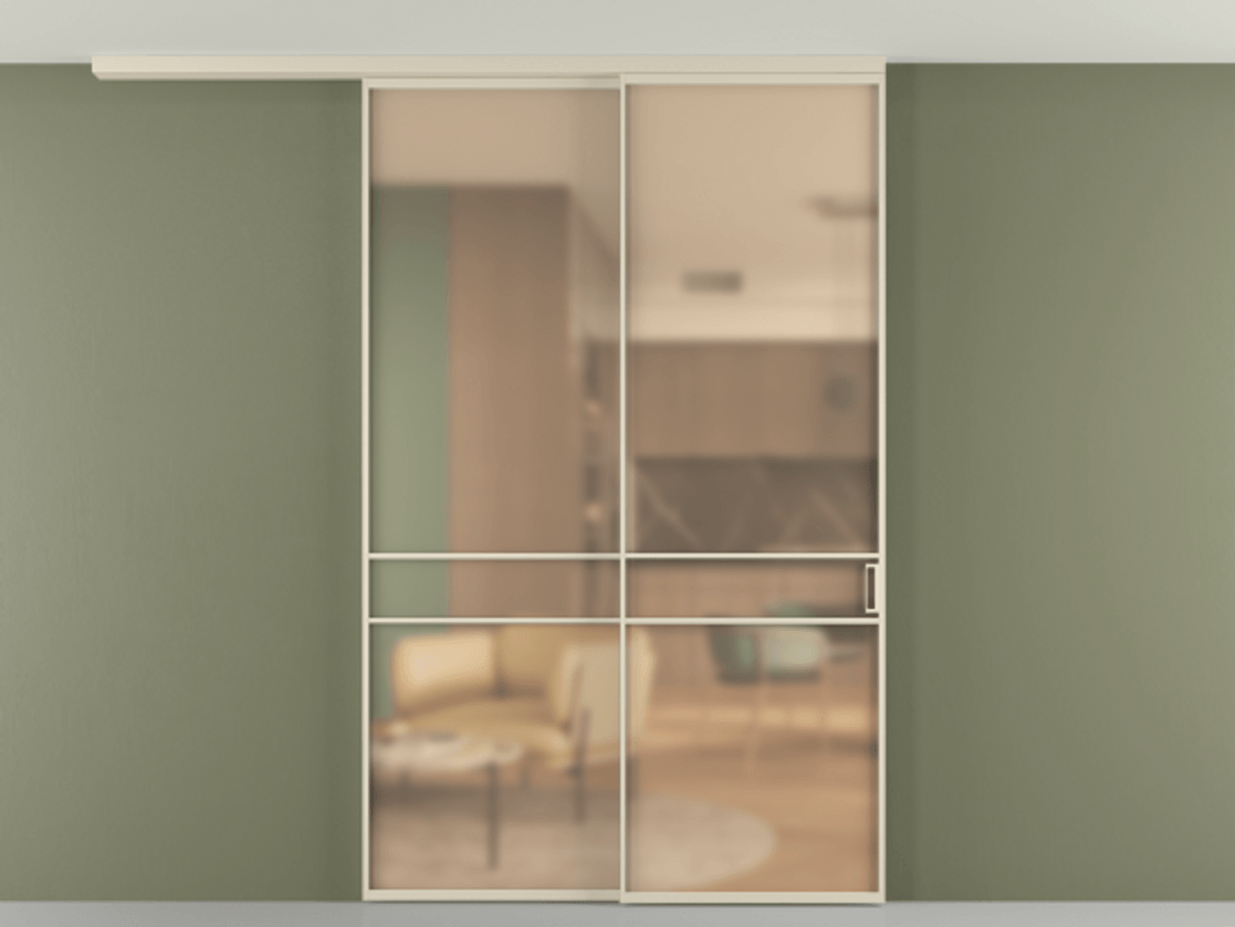 Перегородка Formato вдоль стены на потолок 2 створки с синхронным механизмом АЛПР 040.02 Алюминий бежево-серый Сатинированное оранжевое стекло, триплекс Цена 1874700 AMD | Volhovec