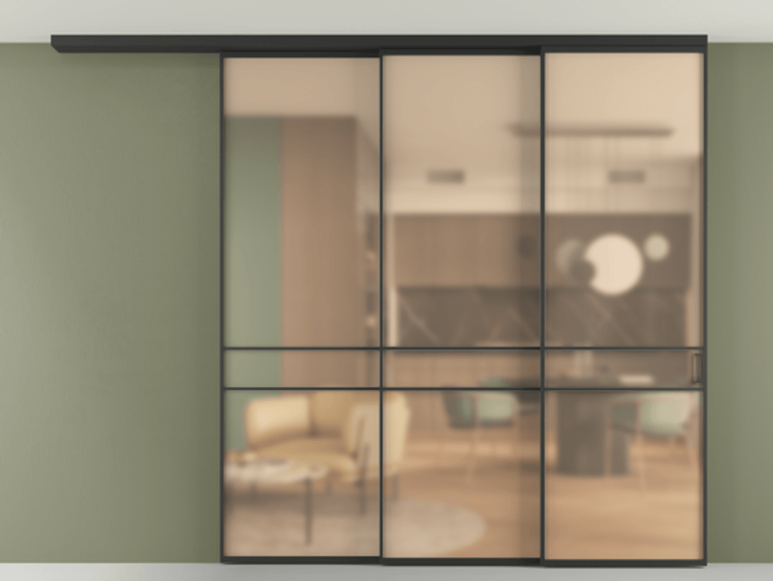 Перегородка Формато вдоль стены на потолок 3 створки с синхронным механизмом АЛПР 040.02 Алюминий Черный Сатинированное оранжевое стекло, триплекс Цена 2465400 AMD | Volhovec