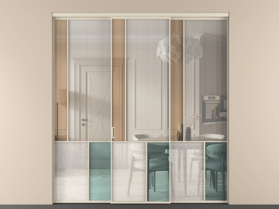 Перегородка Mosaic внутри проёма 3 створки АЛПР 041.20 Алюминий бежево-серый Комбинация стекол Группы 1 и Группы 3 Цена 359390 ₽ | Volhovec