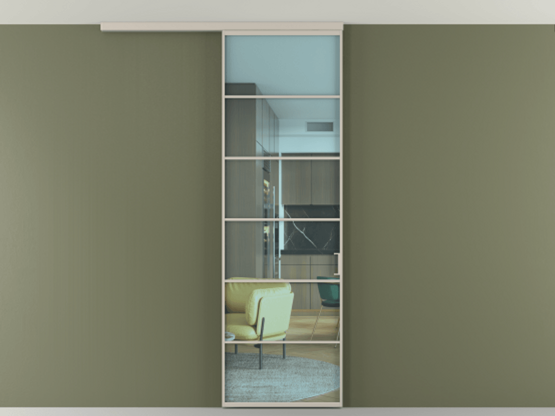 Перегородка Формато вдоль стены на потолок 1 створка АЛПР 040.04 Алюминий светло-бежевый Прозрачное голубое стекло, триплекс Цена 696600 AMD | Volhovec