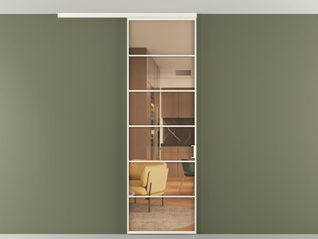 Перегородка Формато вдоль стены на потолок 1 створка АЛПР 040.04 Алюминий жемчужный Прозрачное оранжевое стекло, триплекс Цена 696600 AMD | Volhovec