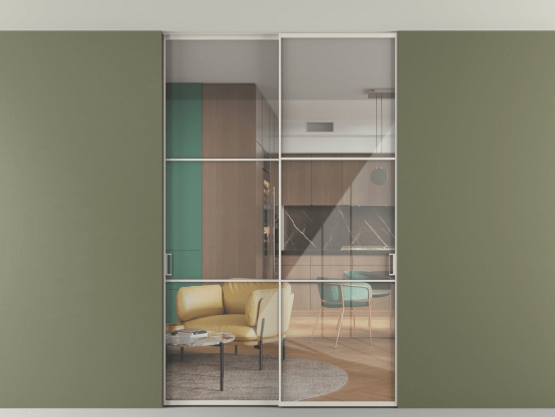 Перегородка Формато внутри проёма скрытое крепление в потолок 2 створки АЛПР 040.03 Алюминий облачно-серый Рефлективное прозрачное стекло "Стопсол", калёное Цена 2060430 AMD | Volhovec