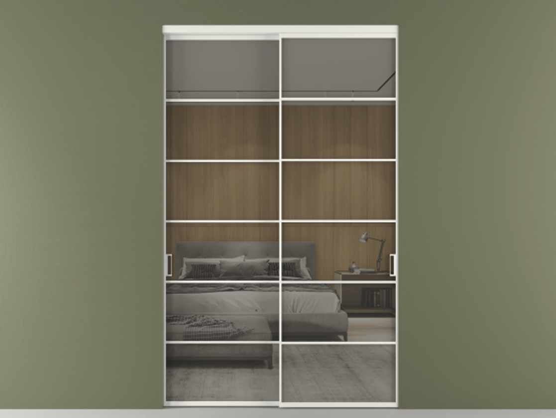 Перегородка Формато внутри проёма 2 створки АЛПР 040.04 Алюминий светло-серый Рефлективное серое стекло "Стопсол", калёное Цена 493900 ₽  | Volhovec