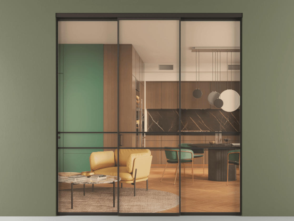 Перегородка Формато внутри проёма 3 створки АЛПР 040.02 Алюминий антрацит Прозрачное оранжевое стекло, триплекс Цена 1600200 AMD | Volhovec