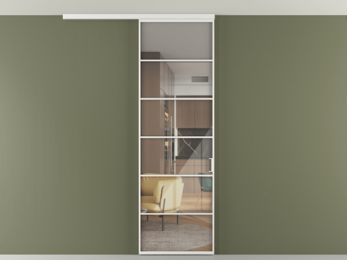 Перегородка Формато вдоль стены на потолок 1 створка АЛПР 040.04 Алюминий белоснежный Рефлективное прозрачное стекло "Стопсол", калёное Цена 5960 AZE | Volhovec