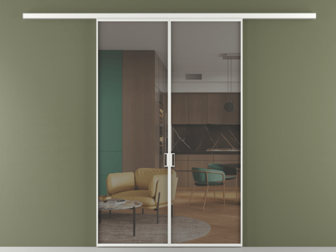 Перегородка Формато вдоль стены 2 створки АЛПР 040.01 Алюминий белоснежный Прозрачное серое стекло, триплекс Цена 1263490 AMD | Volhovec