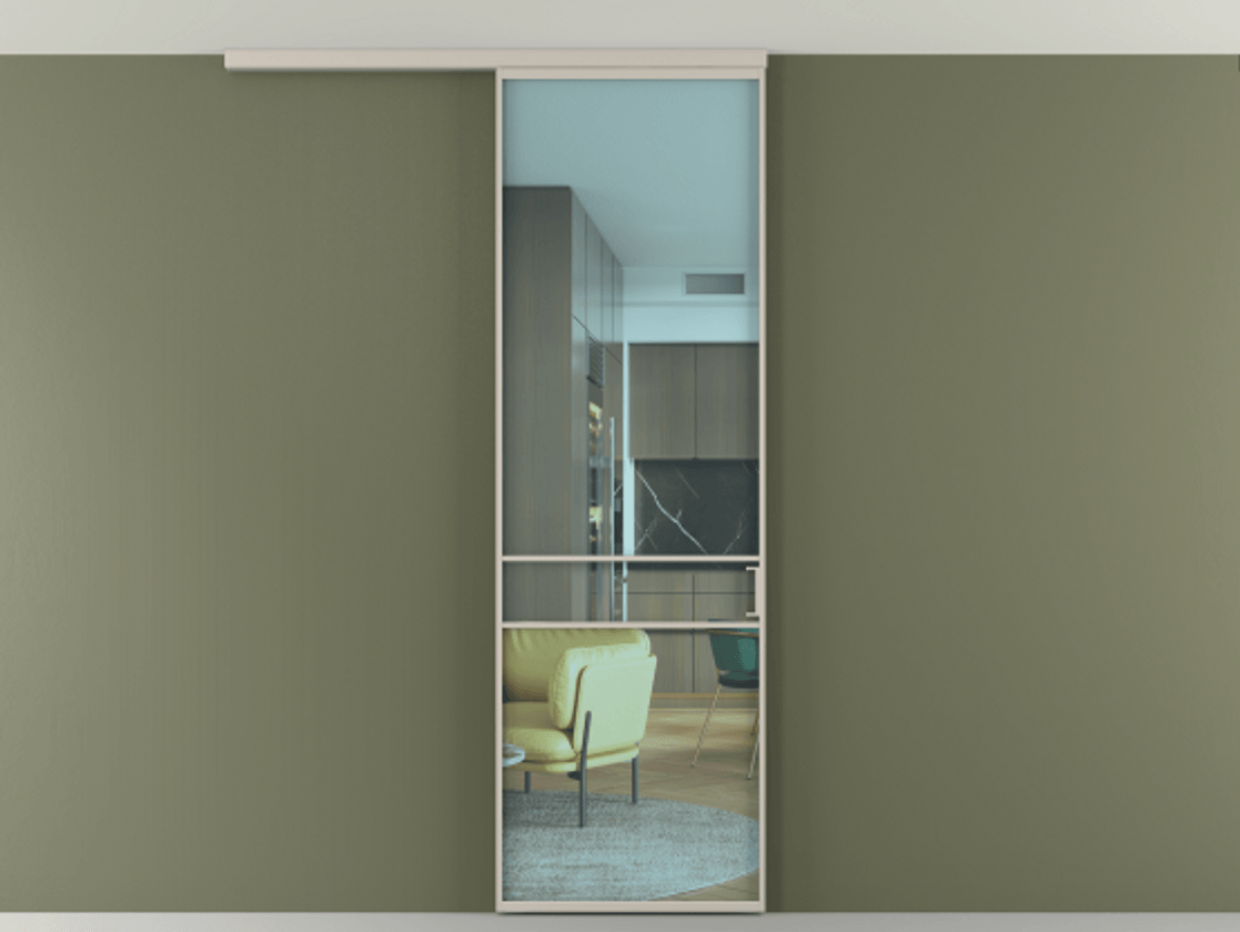 Перегородка Формато вдоль стены на потолок 1 створка АЛПР 040.02 Алюминий светло-бежевый Прозрачное голубое стекло, триплекс Цена 681100 AMD | Volhovec