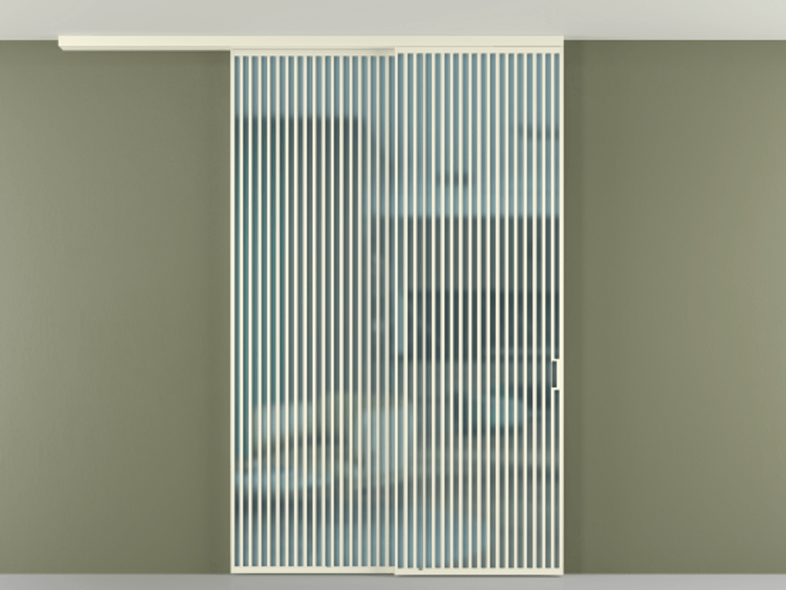 Перегородка Formato вдоль стены на потолок 2 створки с синхронным механизмом АЛПР 040.06 Алюминий молочно-белый Сатинированное голубое стекло, триплекс Цена 2909500 AMD | Volhovec