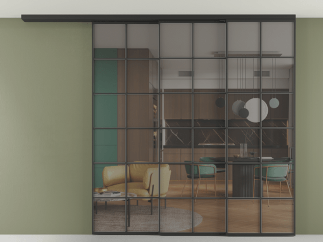 Перегородка Формато вдоль стены на потолок 3 створки с синхронным механизмом АЛПР 040.05 Алюминий Черный Прозрачное серое стекло, триплекс Цена 2588870 AMD | Volhovec