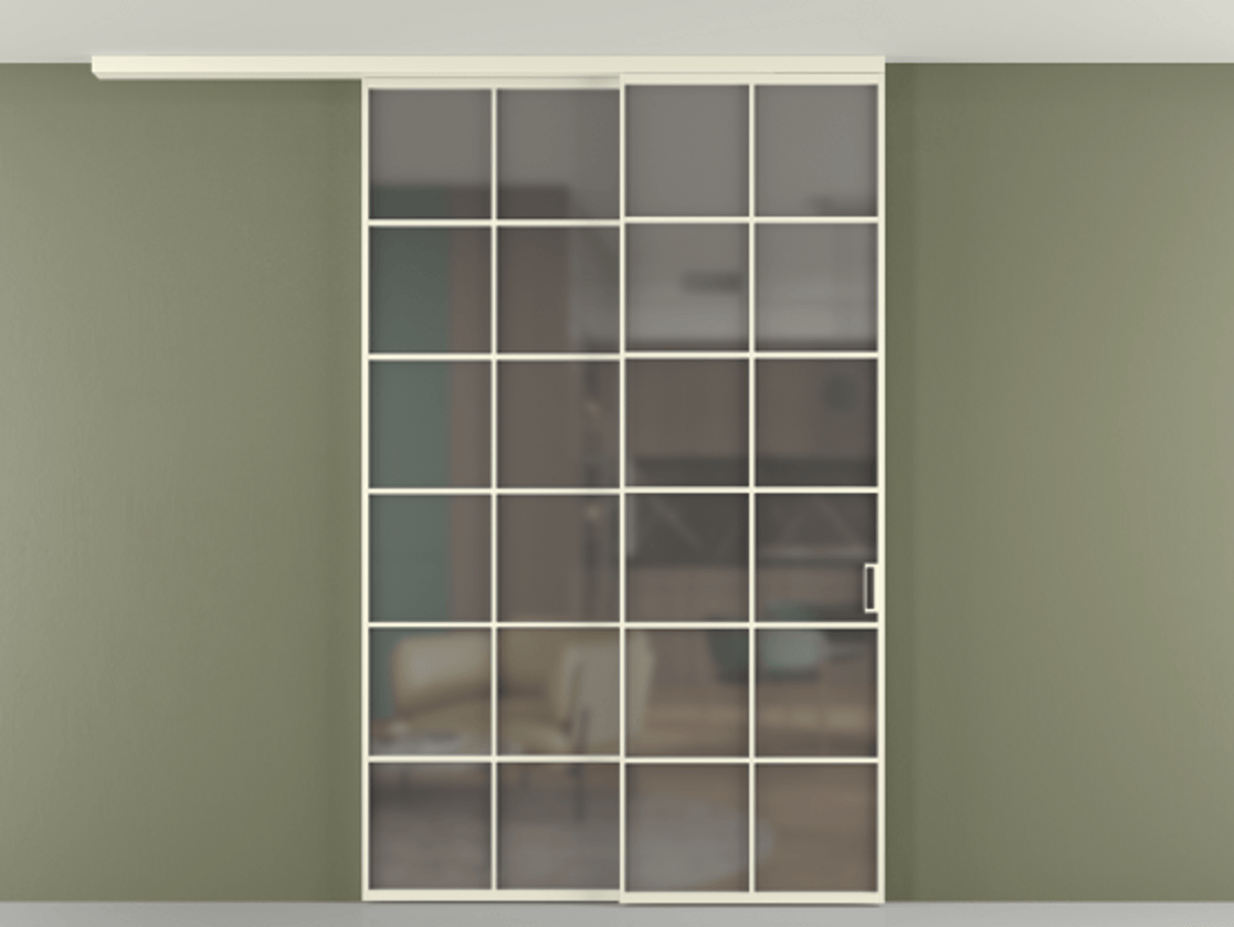 Перегородка Формато вдоль стены на потолок 2 створки с синхронным механизмом АЛПР 040.05 Алюминий молочно-белый Сатинированное серое стекло, триплекс Цена 1967250 AMD | Volhovec