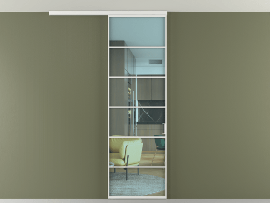 Перегородка Формато вдоль стены на потолок 1 створка АЛПР 040.04 Алюминий белоснежный Прозрачное голубое стекло, триплекс Цена 696600 AMD | Volhovec