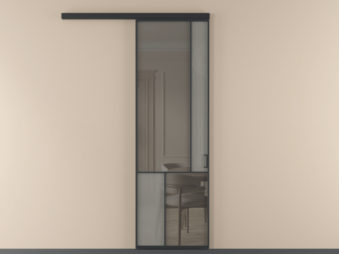 Перегородка Mosaic вдоль стены одностворчатая АЛПР 041.21 Алюминий Черный Сатинированное серое стекло, триплекс, 6 мм + Прозрачное серое стекло, триплекс Цена 136270 ₽ | Volhovec