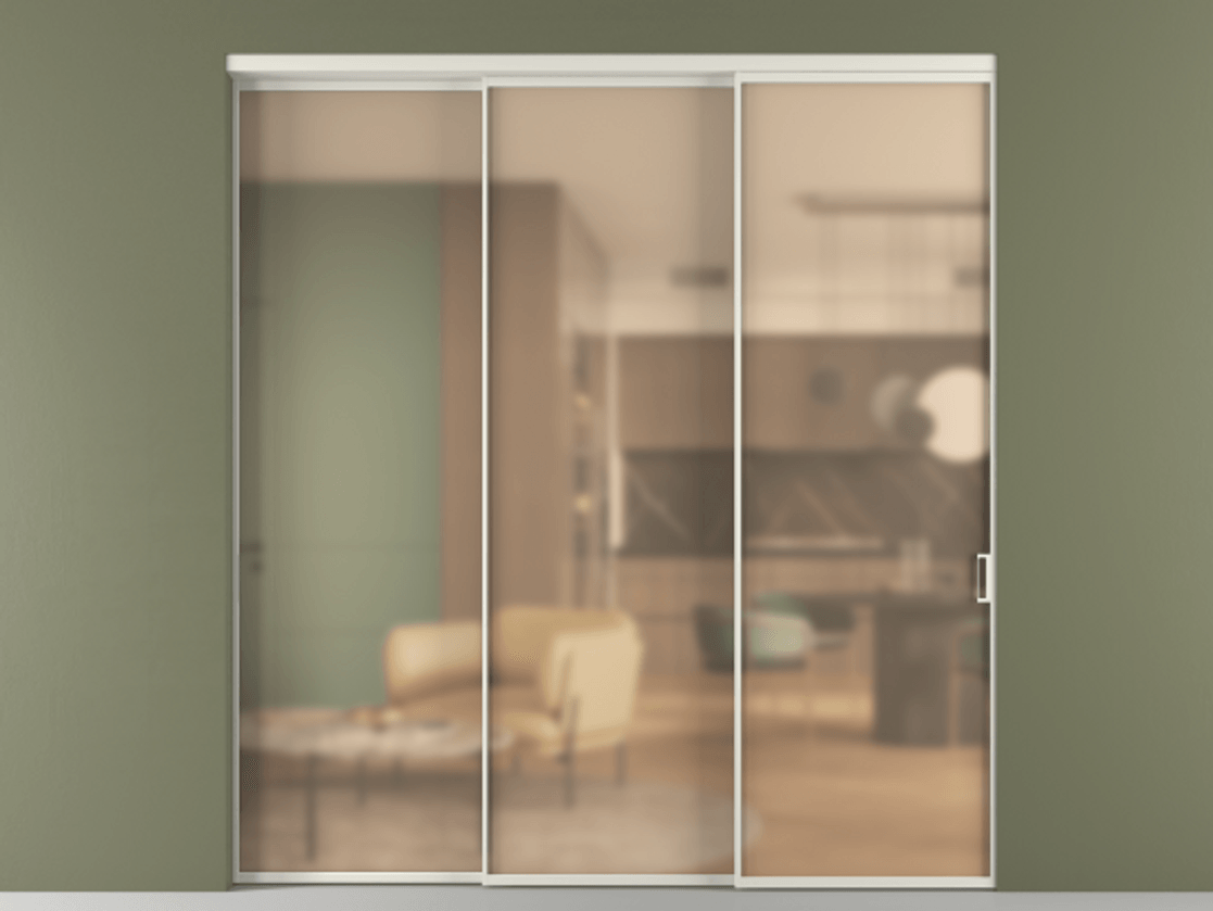 Перегородка Formato внутри проёма 3 створки с синхронным механизмом АЛПР 040.01 Алюминий Белый Сатинированное оранжевое стекло, триплекс Цена 2131900 AMD  | Volhovec