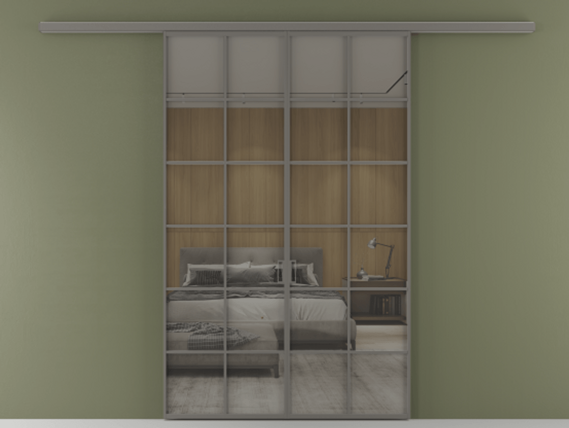 Перегородка Формато вдоль стены 2 створки АЛПР 040.05 Алюминий классический серый Рефлективное серое стекло "Стопсол", калёное Цена 1784460 AMD | Volhovec