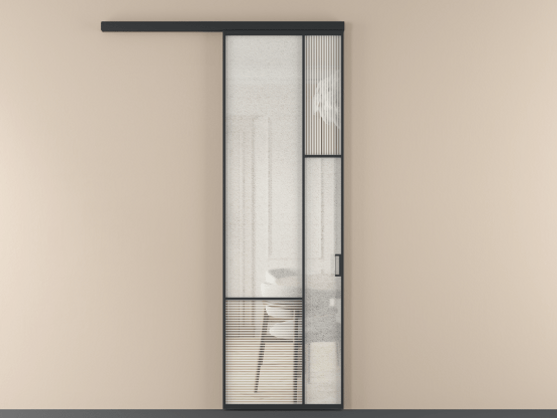 Перегородка Mosaic вдоль стены 1 створка АЛПР 041.12 Алюминий Черный Рифлёное стекло "Дюна", триплекс, 6 мм + Фактурное стекло "Лёд", триплекс Цена 940050 AMD | Volhovec