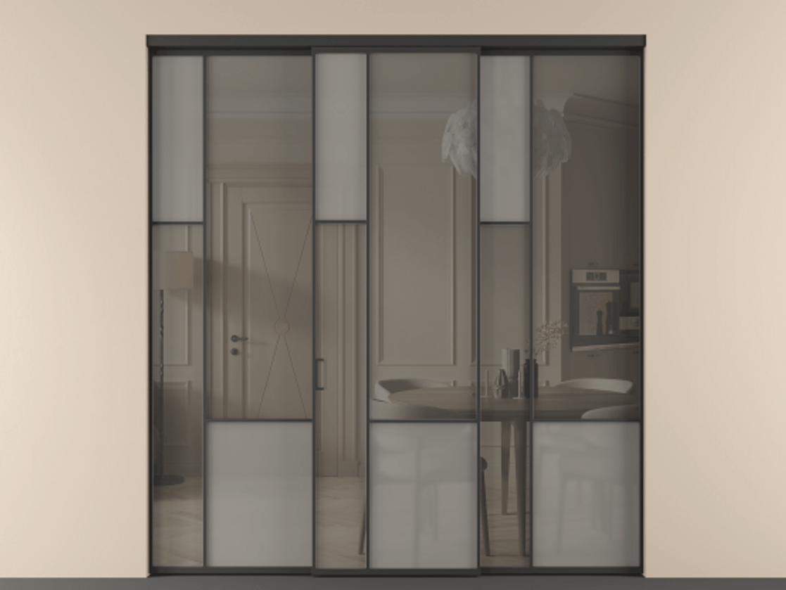 Перегородка Mosaic внутри проёма трёхстворчатая АЛПР 041.13 Алюминий Черный Сатинированное серое стекло, триплекс, 6 мм + Прозрачное серое стекло, триплекс, 6 мм. Скрытый короб ЧЕР Цена 2080120 AMD . Фабрика дверей Волховец 8 (800) 551 43 19  Перегородка Mosaic внутри проёма трёхстворчатая АЛПР 041.13 Алюминий Черный Сатинированное серое стекло, триплекс, 6 мм + Прозрачное серое стекло, триплекс, 6 мм Цена 2080120 AMD | Volhovec