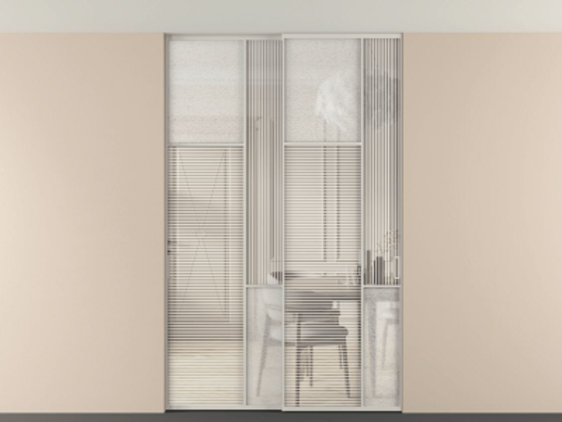 Перегородка Мозаик внутри проёма скрытое крепление в потолок 2 створки АЛПР 041.10 Алюминий тёплый серый Рифлёное стекло "Дюна", триплекс, 6 мм + Фактурное стекло "Лёд", триплекс Цена 2296870 AMD | Volhovec