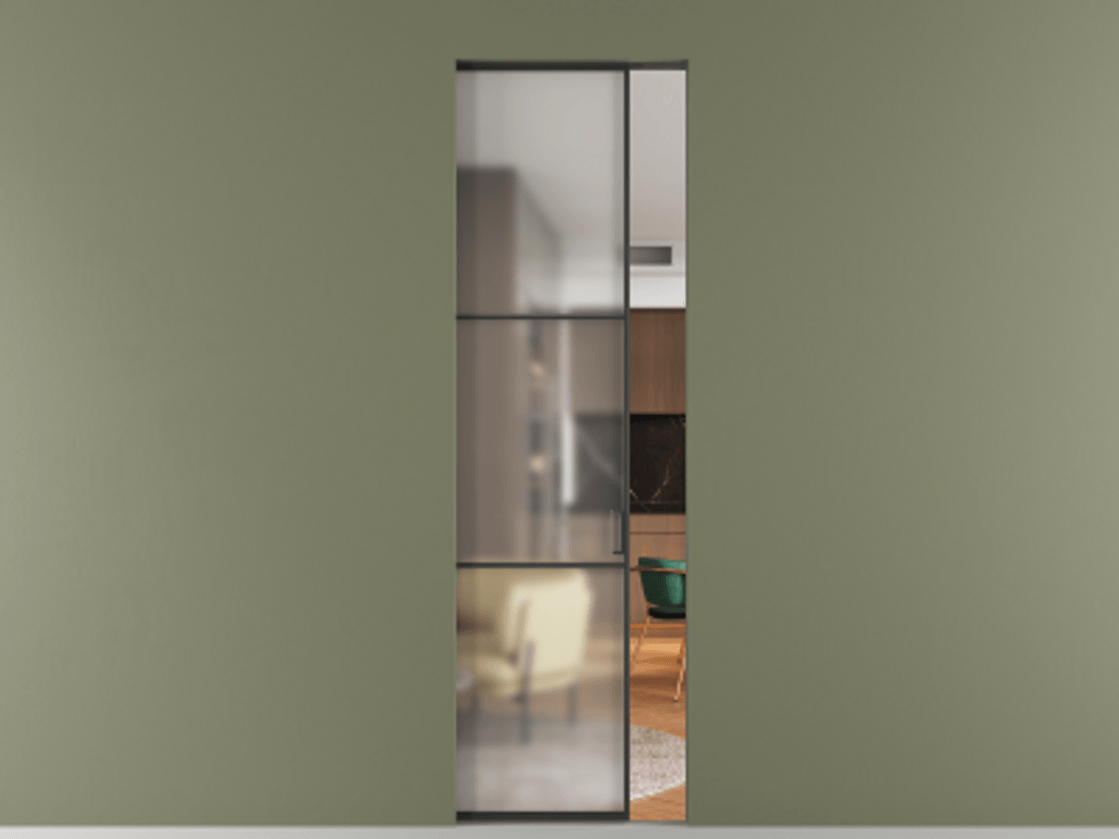 Перегородка Формато скрытый пенал 1 створка АЛПР 040.03 Алюминий Черный Сатинированное стекло "Мателюкс Кристал Вижн", калёное, матовое, каленое 6 мм Цена 1071620 AMD | Volhovec