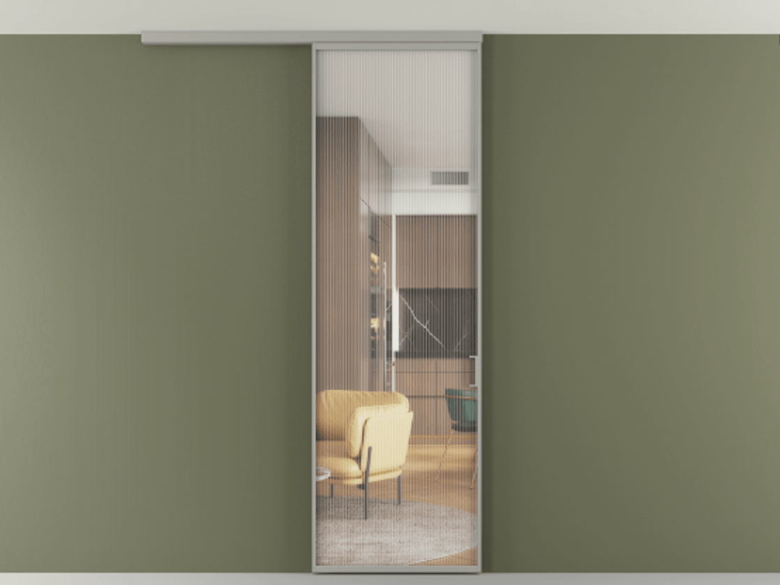 Перегородка Формато вдоль стены на потолок 1 створка АЛПР 040.01 Алюминий нейтральный серый Рифлёное стекло "Мору", триплекс Цена 692180 AMD | Volhovec