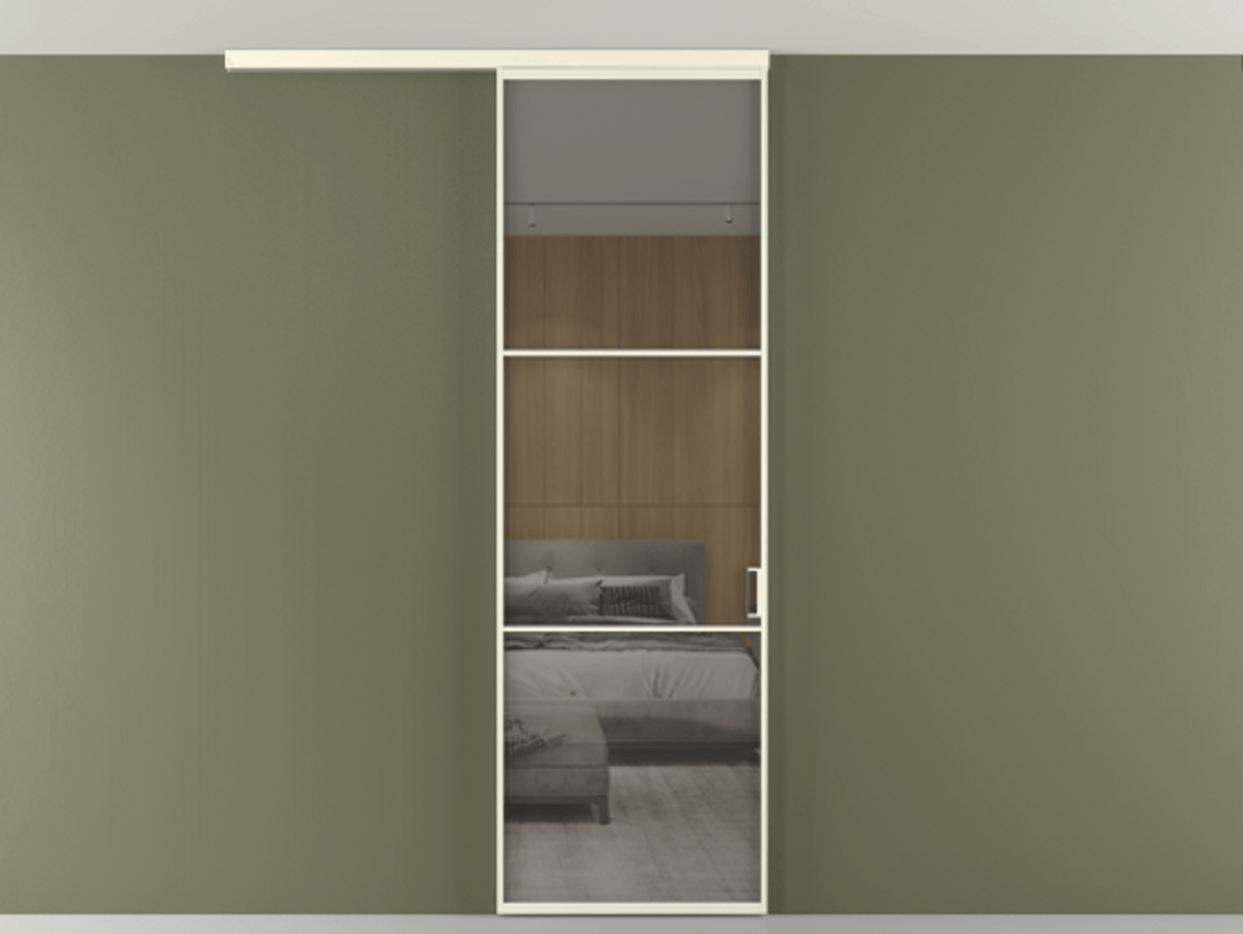 Перегородка Формато вдоль стены на потолок 1 створка АЛПР 040.03 Алюминий молочно-белый Рефлективное серое стекло "Стопсол", калёное Цена 724220 AMD | Volhovec