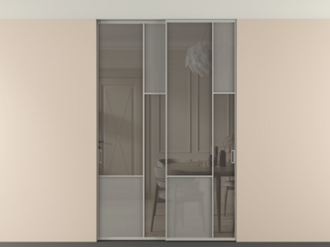 Перегородка Мозаик внутри проёма скрытое крепление в потолок 2 створки АЛПР 041.12 Алюминий нейтральный серый Сатинированное серое стекло, триплекс, 6 мм + Прозрачное серое стекло, триплекс Цена 16920 AZE | Volhovec