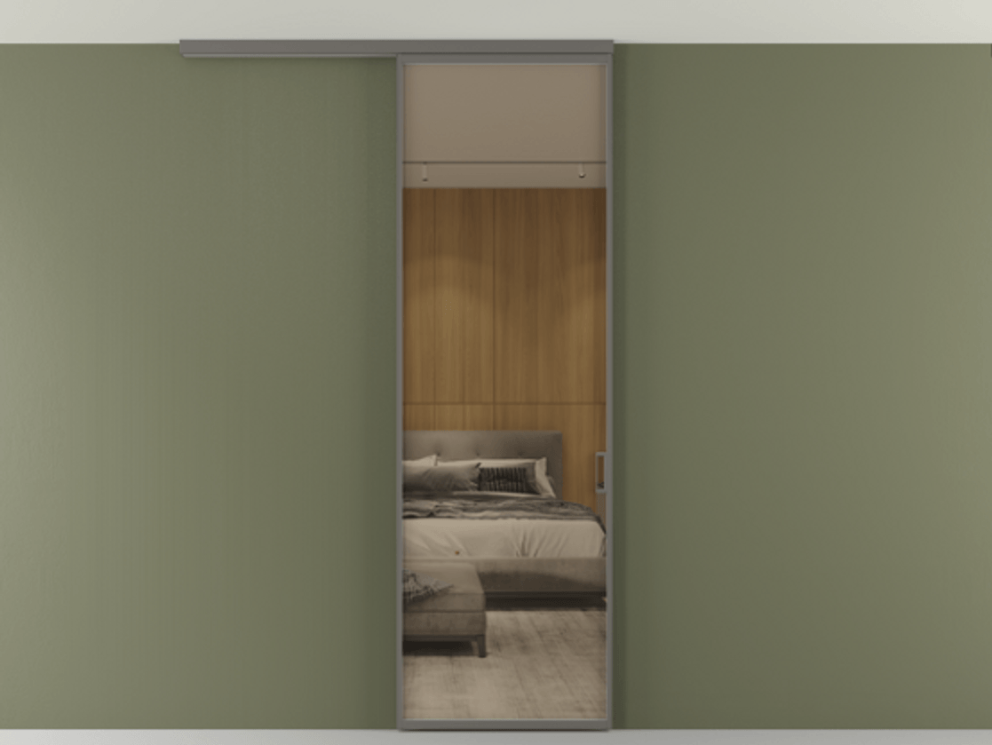 Перегородка Formato вдоль стены на потолок 1 створка АЛПР 040.01 Алюминий классический серый Рефлективное бронзовое стекло "Стопсол", калёное Цена 119570 ₽ | Volhovec