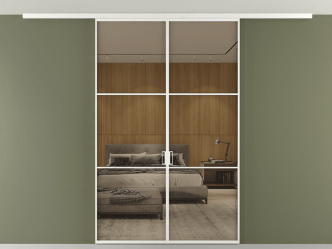 Перегородка Формато вдоль стены на потолок 2 створки АЛПР 040.03 Алюминий светло-серый Рефлективное бронзовое стекло "Стопсол", калёное Цена 1645000 AMD | Volhovec