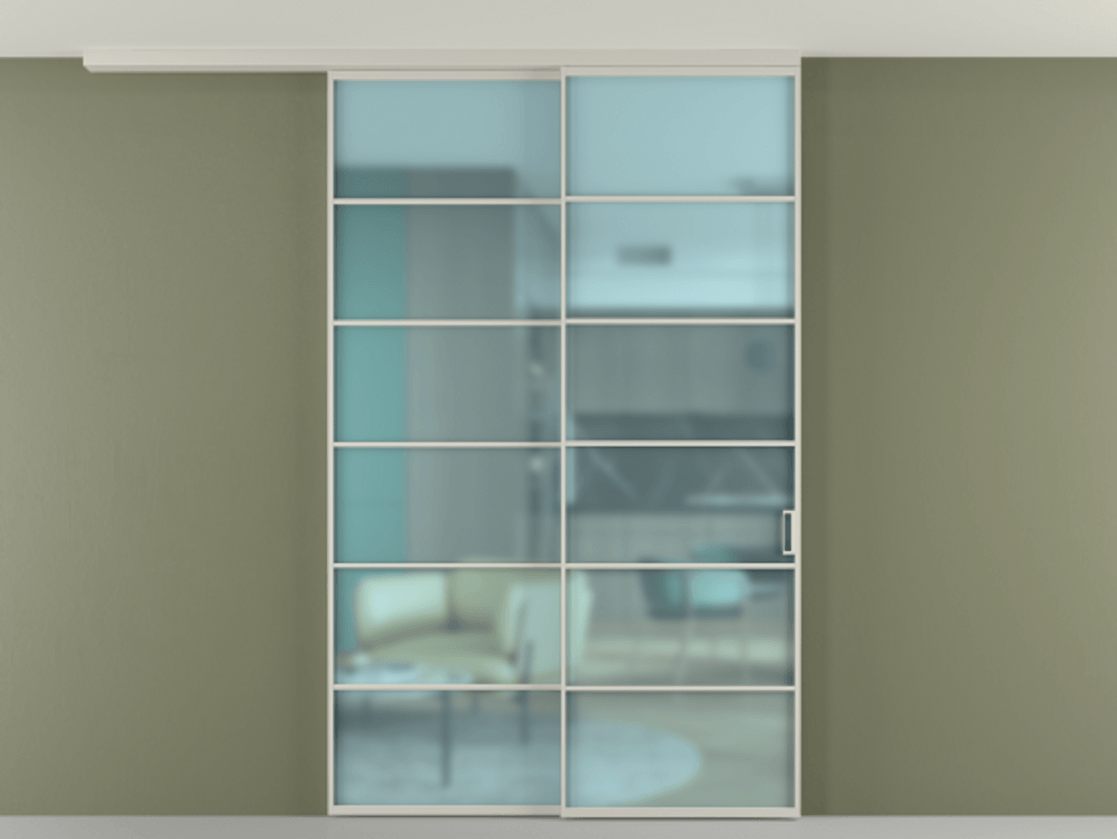 Перегородка Formato вдоль стены на потолок 2 створки с синхронным механизмом АЛПР 040.04 Алюминий тёплый серый Сатинированное голубое стекло, триплекс Цена 1967300 AMD | Volhovec