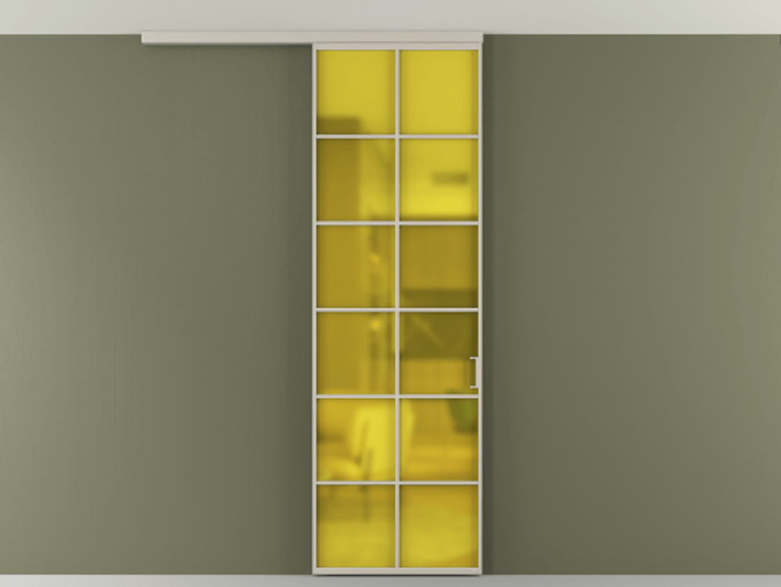 Перегородка Формато вдоль стены на потолок 1 створка АЛПР 040.05 Алюминий светло-бежевый Сатинированное жёлтое стекло, триплекс Цена 696600 AMD | Volhovec