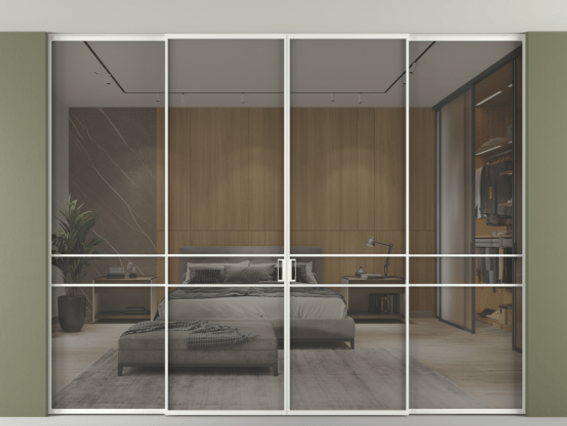 Перегородка Формато внутри проёма скрытое крепление в потолок 4 створки АЛПР 040.02 Алюминий светло-серый Рефлективное серое стекло "Стопсол", калёное Цена 3743860 AMD | Volhovec