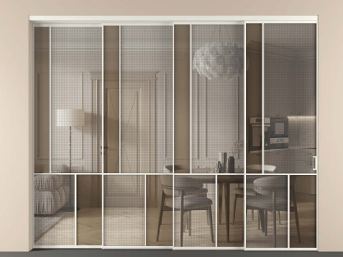 Перегородка Mosaic внутри проёма телескопик синхро 3 АЛПР 041.20 Алюминий Белый Декоративное стекло с сеткой "Mesh silver", триплекс, 6 мм + Прозрачное бронзовое стекло, триплекс, 6 мм. Скрытый короб БЕЛ Цена 3724170 AMD . Фабрика дверей Волховец 8 (800) 551 43 19 Перегородка Mosaic внутри проёма телескопик синхро 3 АЛПР 041.20 Алюминий Белый Декоративное стекло с сеткой "Mesh silver", триплекс, 6 мм + Прозрачное бронзовое стекло, триплекс, 6 мм Цена 3724170 AMD | Volhovec