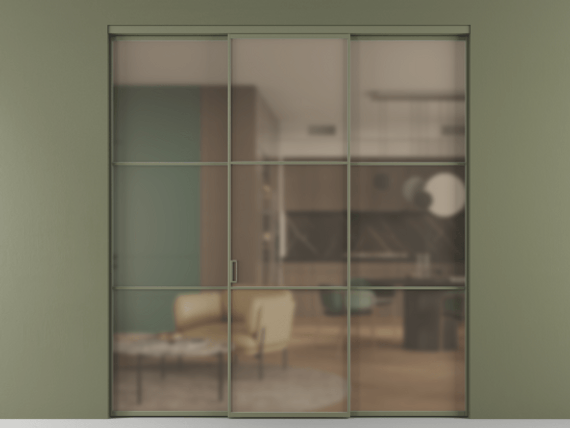 Перегородка Формато внутри проёма 3 створки АЛПР 040.03 Алюминий оливковый тёмный Сатинированное бронзовое стекло, триплекс Цена 1600180 AMD | Volhovec