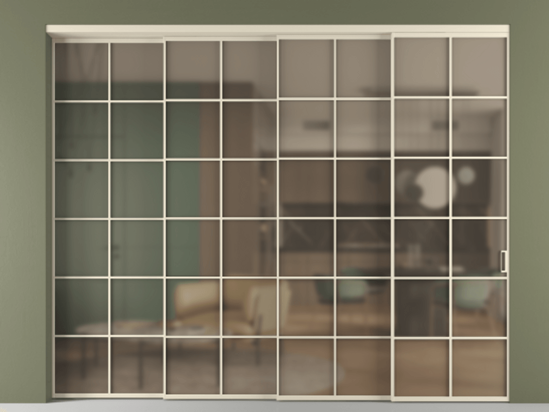 Перегородка Формато внутри проёма 4 створки с синхронным механизмом АЛПР 040.05 Алюминий бежево-серый Сатинированное бронзовое стекло, триплекс Цена 3295660 AMD | Volhovec