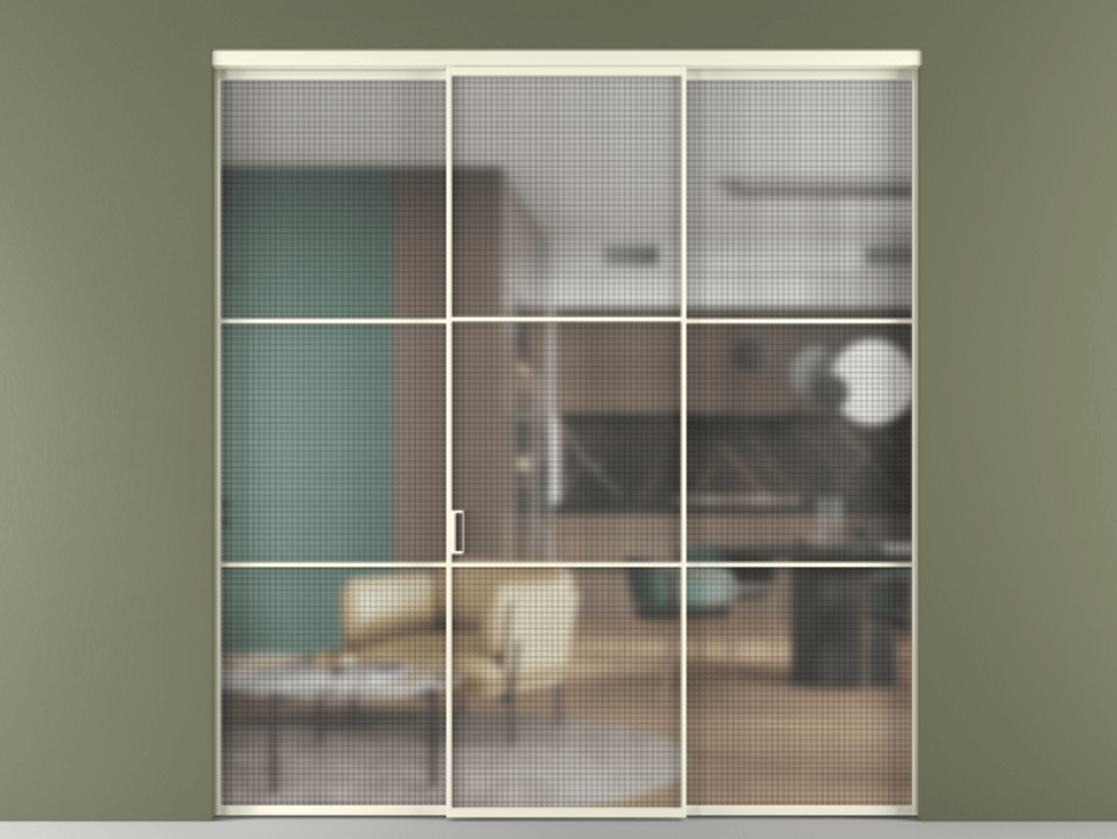 Перегородка Formato внутри проёма 3 створки АЛПР 040.03 Алюминий молочно-белый Декоративное стекло с сеткой "Mesh silver", триплекс Цена 1805640 AMD | Volhovec