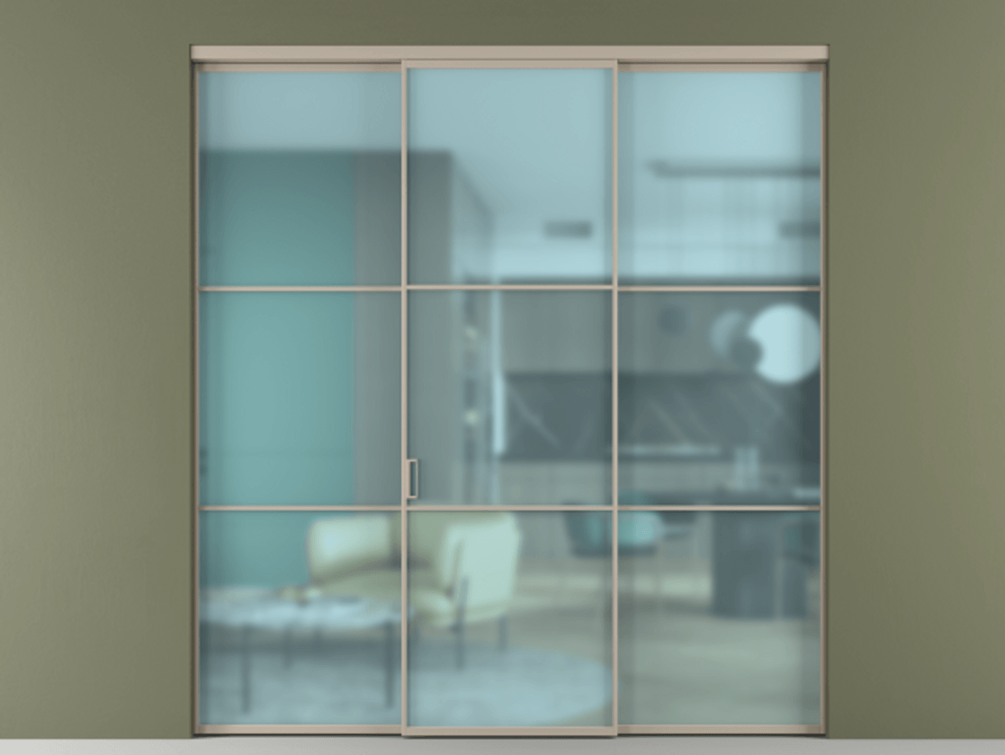 Перегородка Formato внутри проёма 3 створки АЛПР 040.03 Алюминий бисквитный Сатинированное голубое стекло, триплекс Цена 1600200 AMD | Volhovec