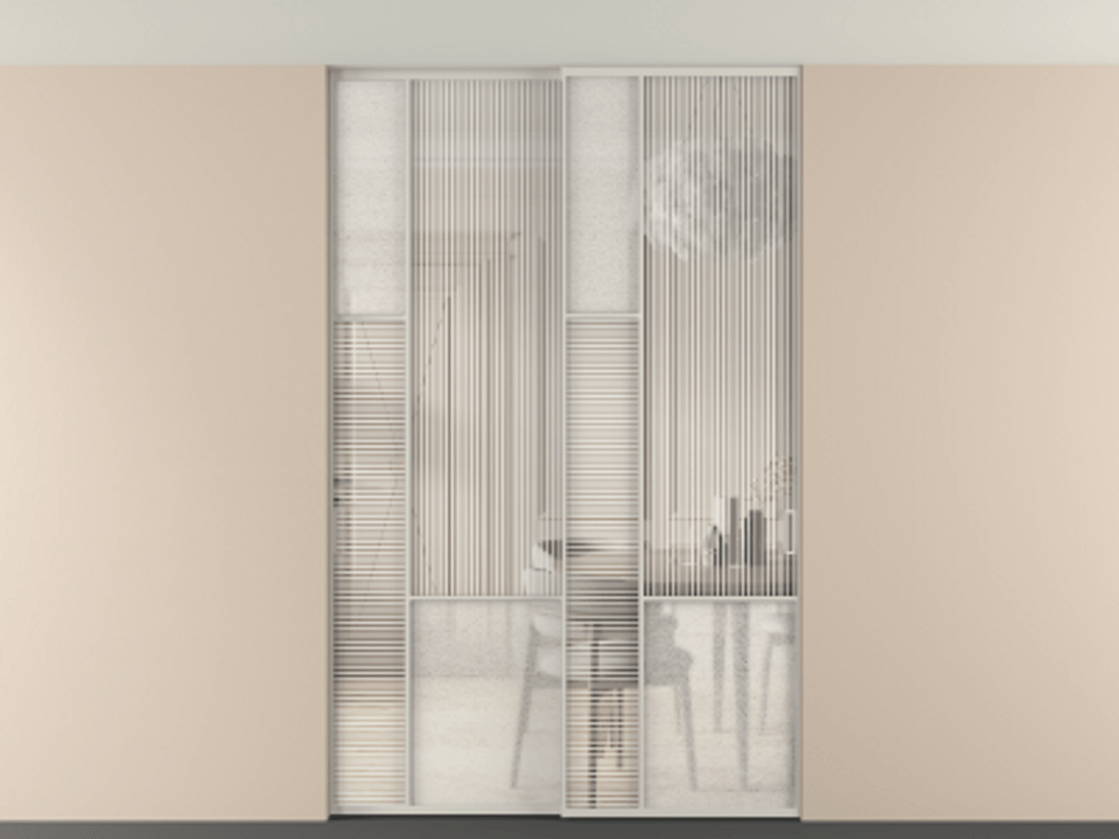 Перегородка Мозаик внутри проёма скрытое крепление в потолок 2 створки АЛПР 041.13 Алюминий тёплый серый Рифлёное стекло "Дюна", триплекс, 6 мм + Фактурное стекло "Лёд", триплекс Цена 340580 ₽ | Volhovec