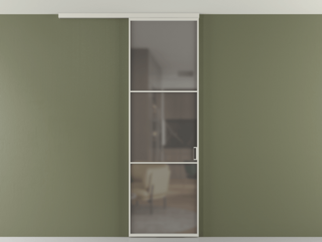 Перегородка Формато вдоль стены на потолок 1 створка АЛПР 040.03 Алюминий тёплый серый Сатинированное серое стекло, триплекс Цена 653210 AMD | Volhovec