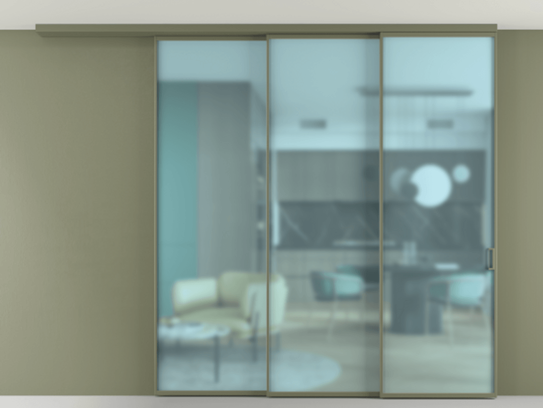 Перегородка Formato вдоль стены на потолок 3 створки с синхронным механизмом АЛПР 040.01 Алюминий оливковый тёмный Сатинированное голубое стекло, триплекс Цена 2576900 AMD | Volhovec