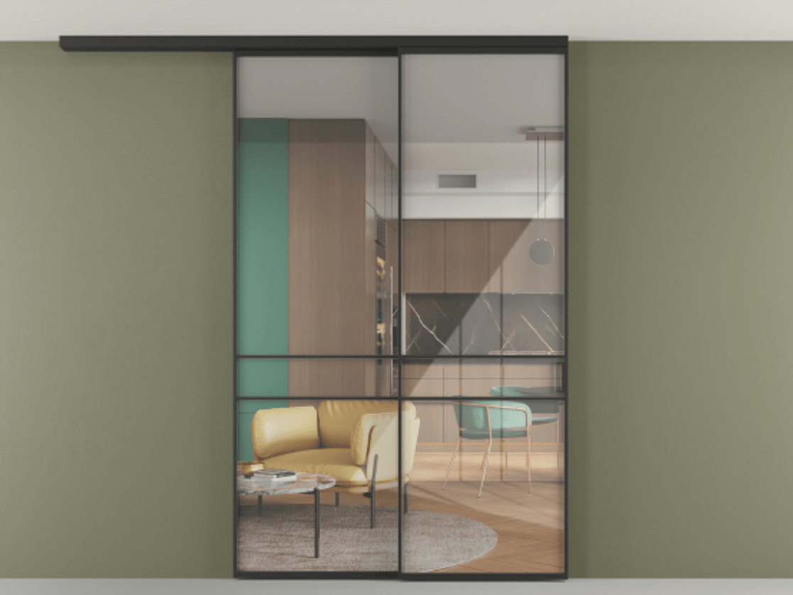 Перегородка Формато вдоль стены на потолок 2 створки с синхронным механизмом АЛПР 040.02 Алюминий Черный Рефлективное прозрачное стекло "Стопсол", калёное Цена 2104800 AMD | Volhovec