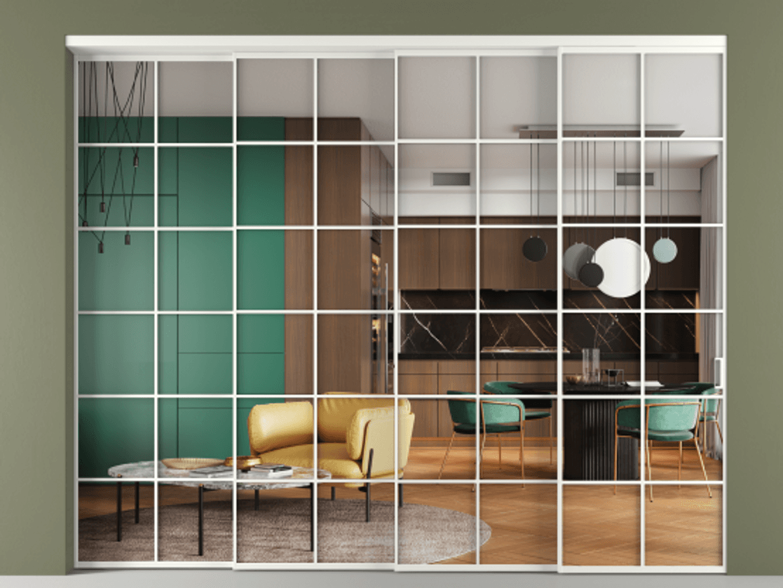 Перегородка Формато внутри проёма 4 створки с синхронным механизмом АЛПР 040.05 Алюминий светло-серый Прозрачное стекло "Кристал Вижн", калёное Цена 3468300 AMD | Volhovec