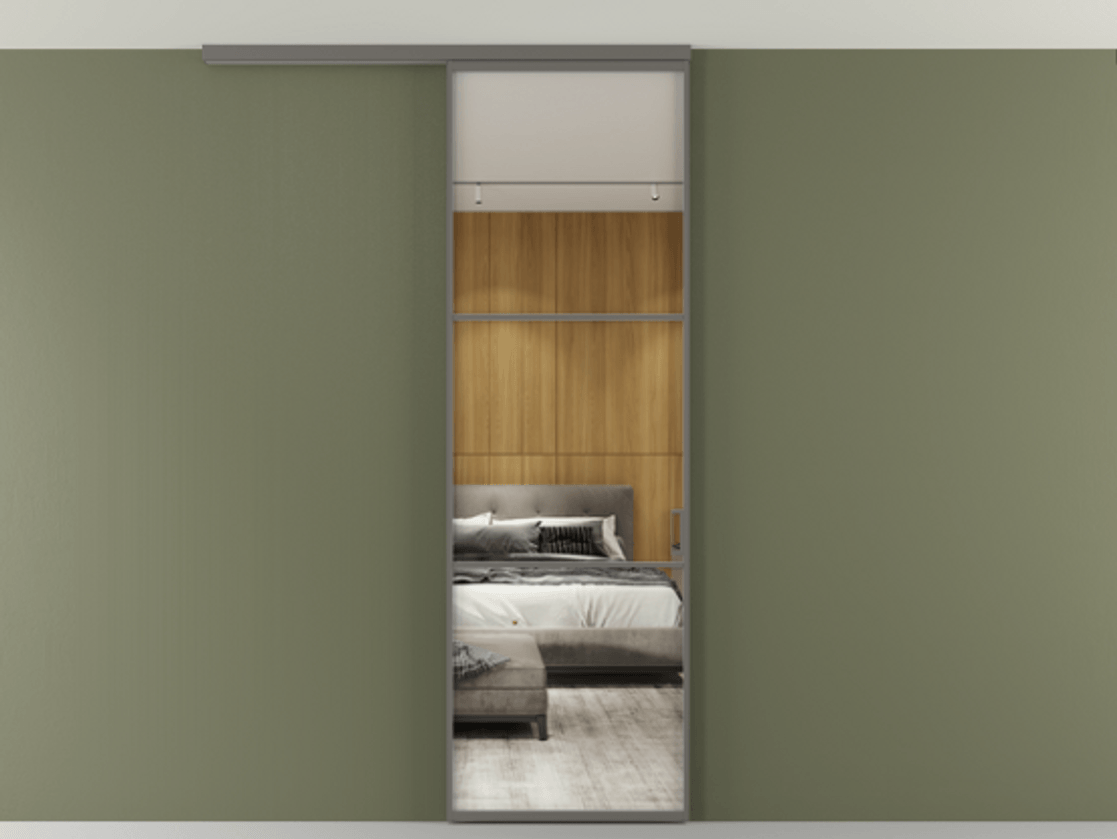 Перегородка Формато вдоль стены на потолок 1 створка АЛПР 040.03 Алюминий классический серый Двустороннее зеркало, триплекс , триплекс 6 мм Цена 681060 AMD | Volhovec