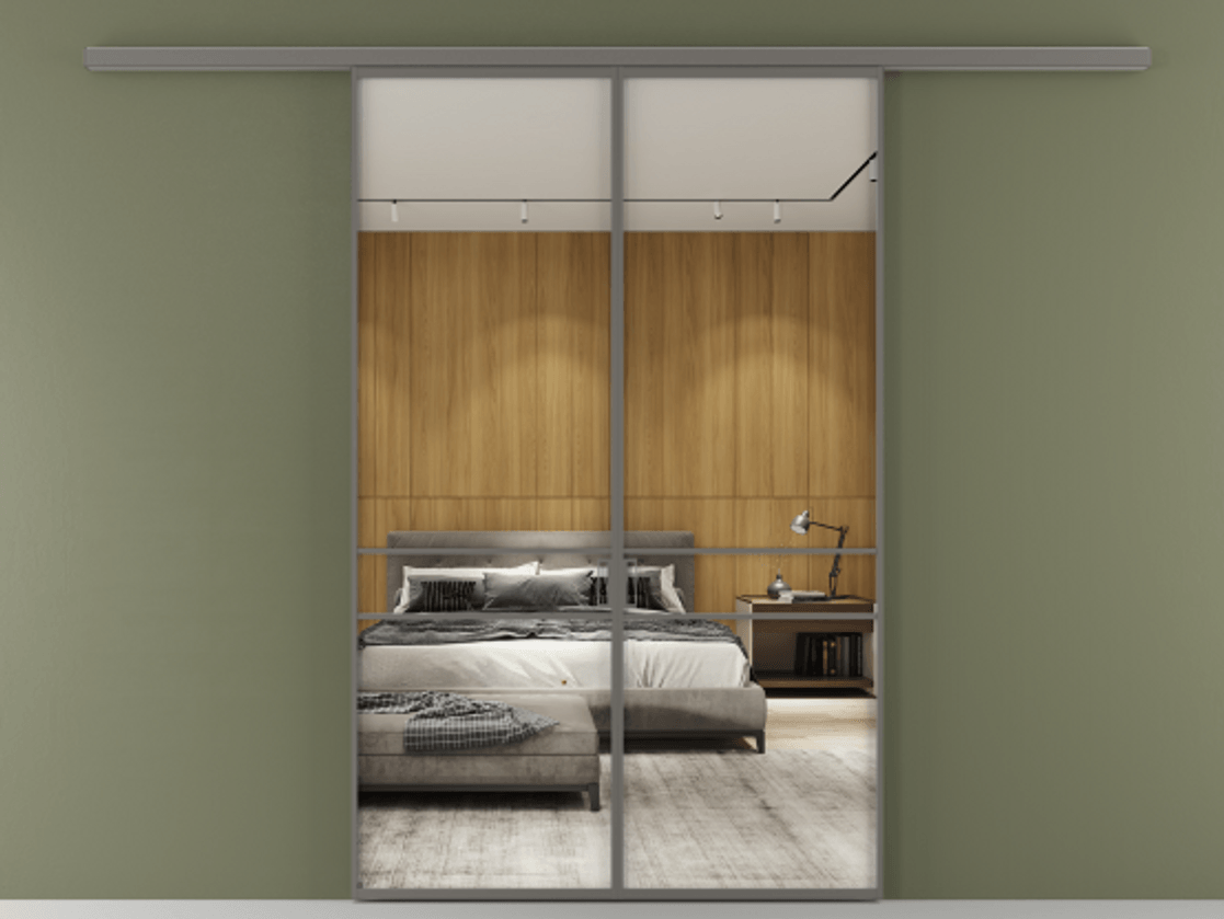 Перегородка Формато вдоль стены 2 створки АЛПР 040.02 Алюминий классический серый Двустороннее зеркало, триплекс , триплекс 6 мм Цена 1318110 AMD | Volhovec